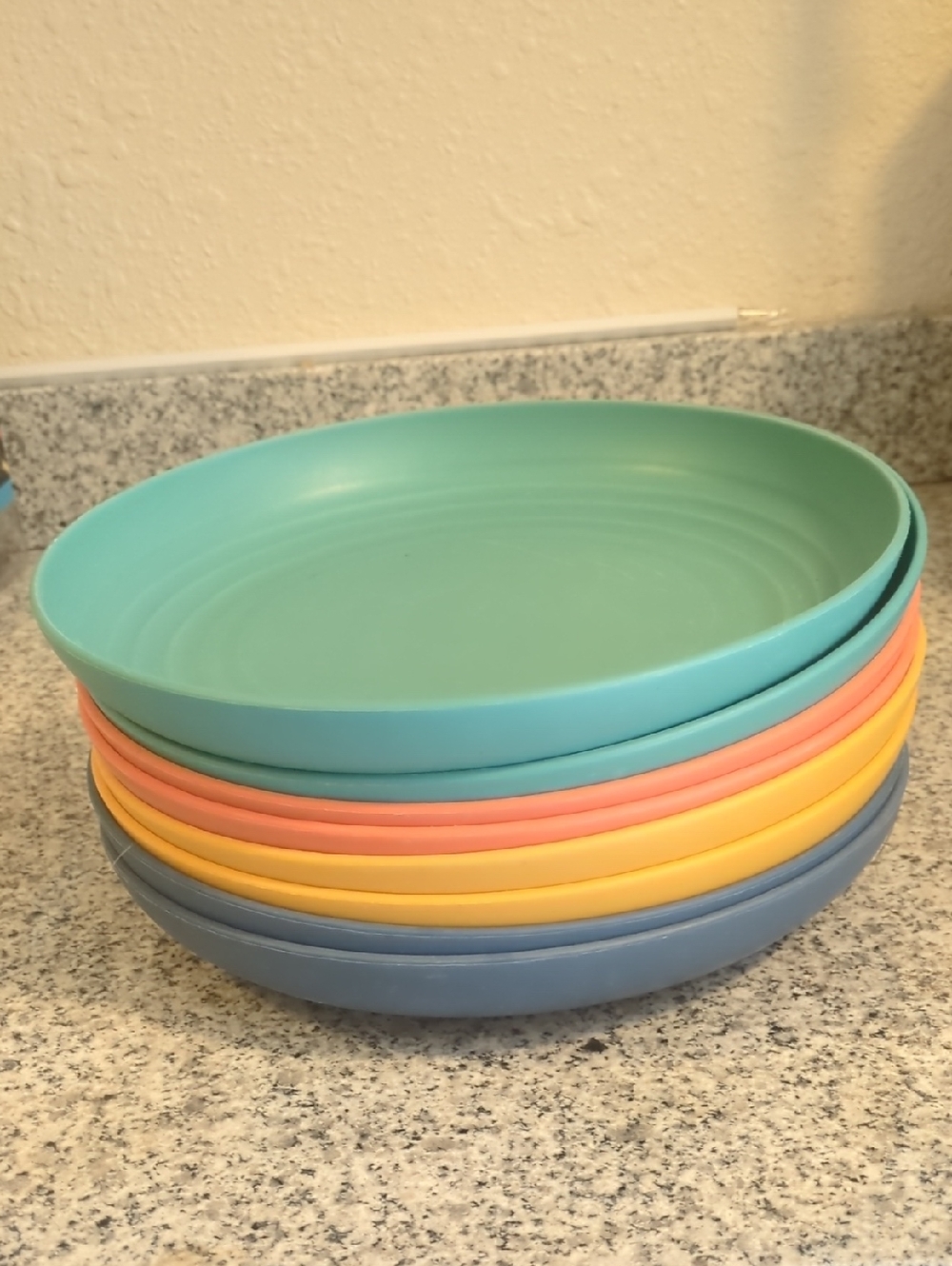 Colorful Stack of Thick Plastic Plates - Teal, Blue, Yellow, Coral